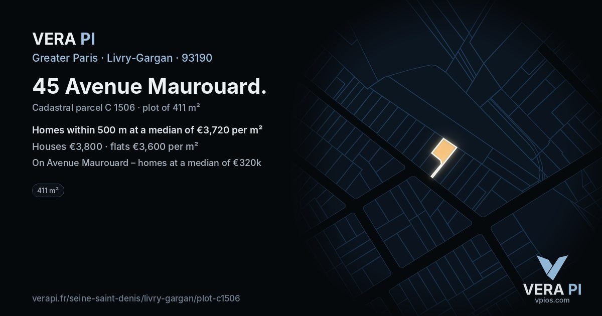 45 Avenue Maurouard, Livry-Gargan at night – the plot lit, the parcels around coloured by the prices near them