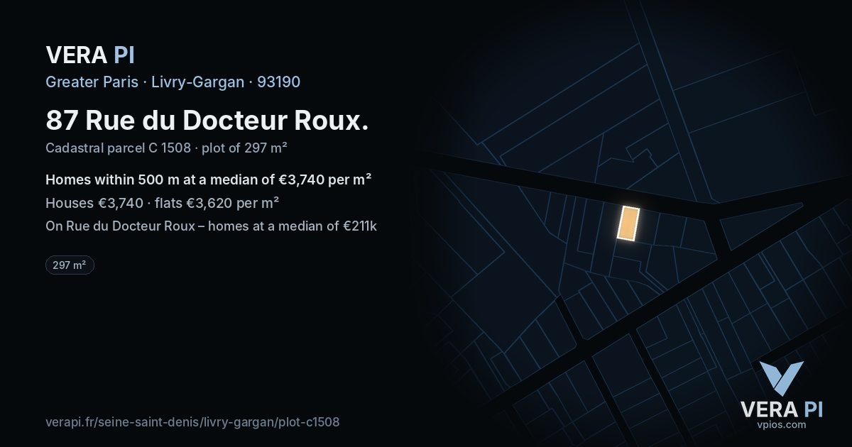 87 Rue du Docteur Roux, Livry-Gargan at night – the plot lit, the parcels around coloured by the prices near them