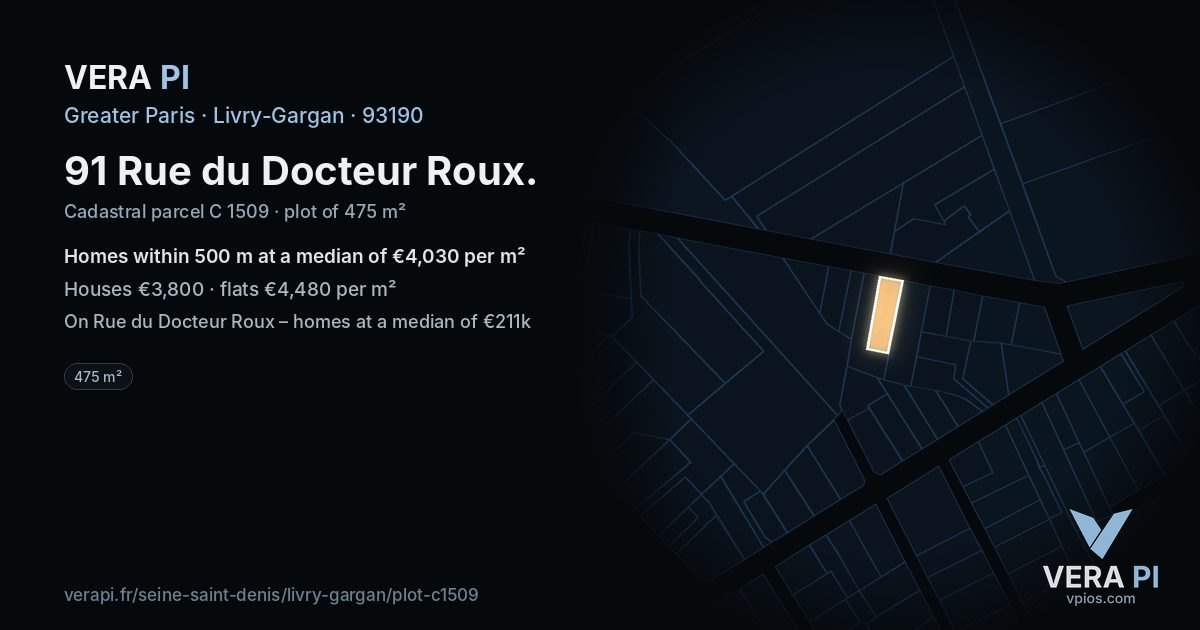 91 Rue du Docteur Roux, Livry-Gargan at night – the plot lit, the parcels around coloured by the prices near them