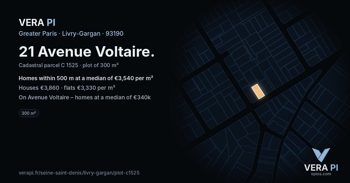 21 Avenue Voltaire, Livry-Gargan at night – the plot lit, the parcels around coloured by the prices near them