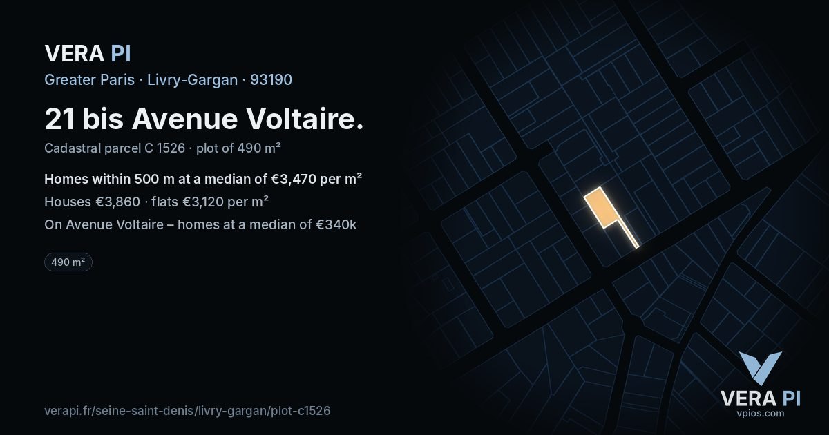 21 bis Avenue Voltaire, Livry-Gargan at night – the plot lit, the parcels around coloured by the prices near them