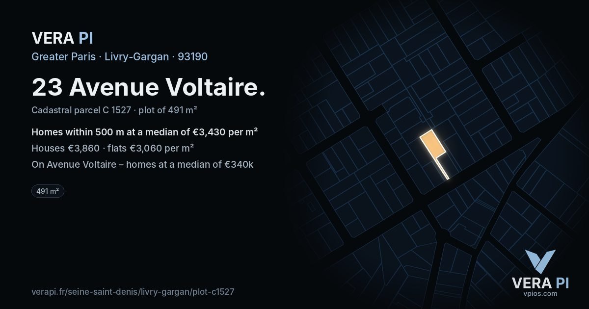 23 Avenue Voltaire, Livry-Gargan at night – the plot lit, the parcels around coloured by the prices near them