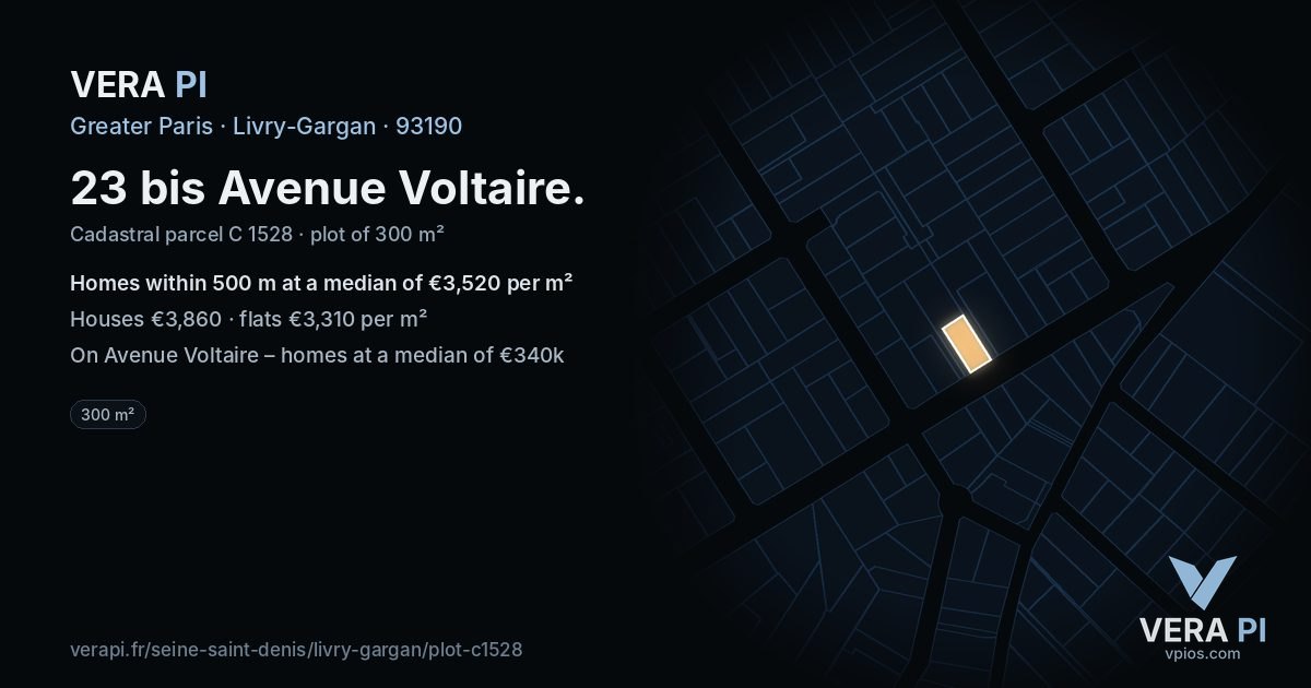 23 bis Avenue Voltaire, Livry-Gargan at night – the plot lit, the parcels around coloured by the prices near them