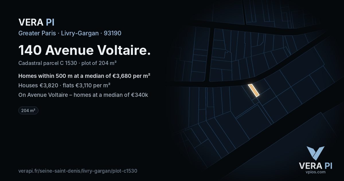 140 Avenue Voltaire, Livry-Gargan at night – the plot lit, the parcels around coloured by the prices near them
