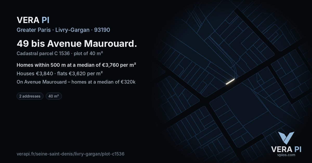 49 bis Avenue Maurouard, Livry-Gargan at night – the plot lit, the parcels around coloured by the prices near them
