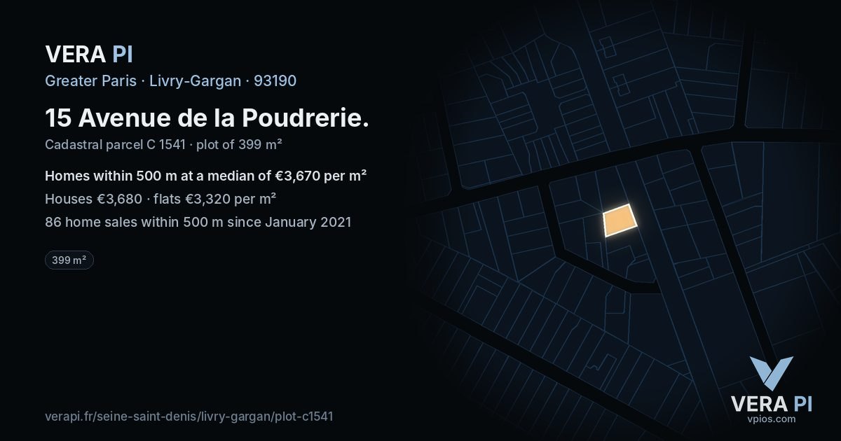 15 Avenue de la Poudrerie, Livry-Gargan at night – the plot lit, the parcels around coloured by the prices near them