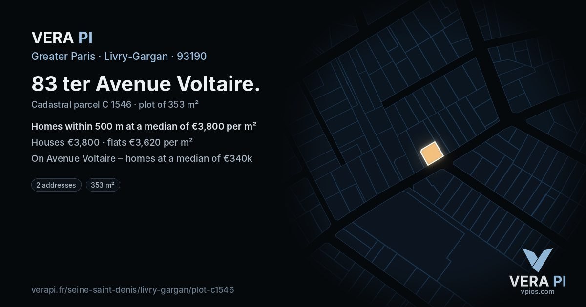 83 ter Avenue Voltaire, Livry-Gargan at night – the plot lit, the parcels around coloured by the prices near them