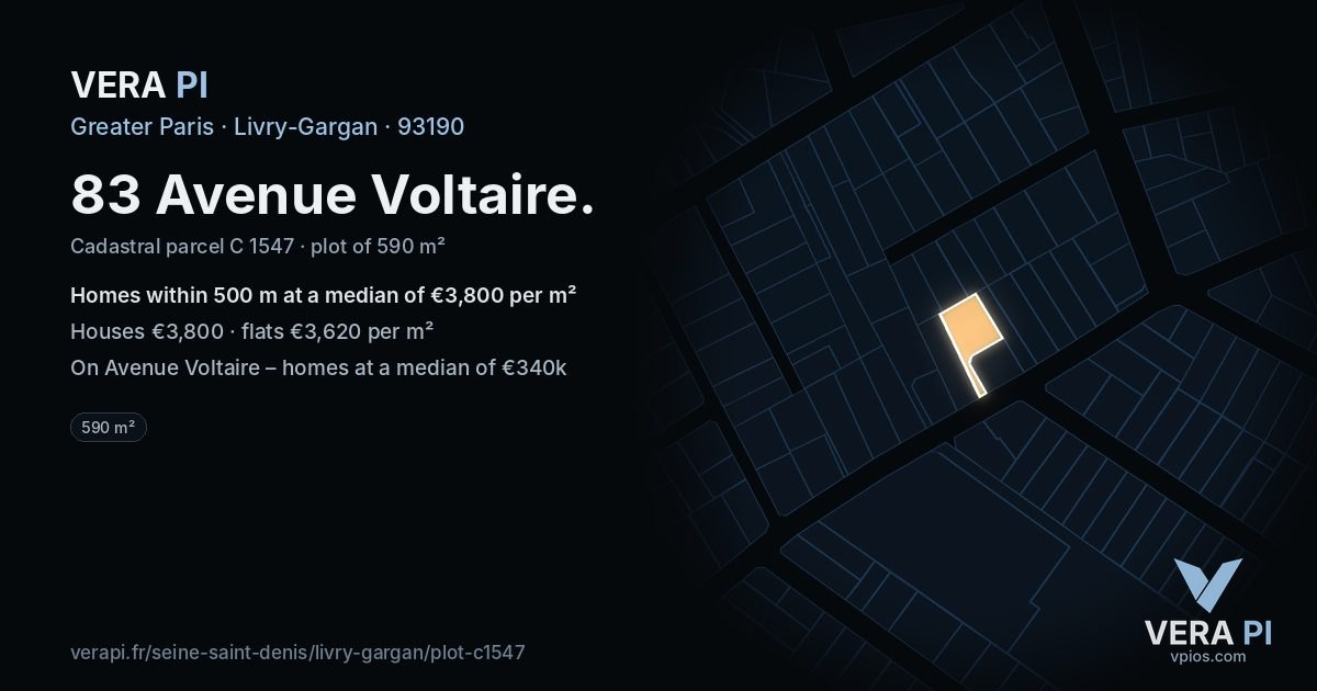 83 Avenue Voltaire, Livry-Gargan at night – the plot lit, the parcels around coloured by the prices near them