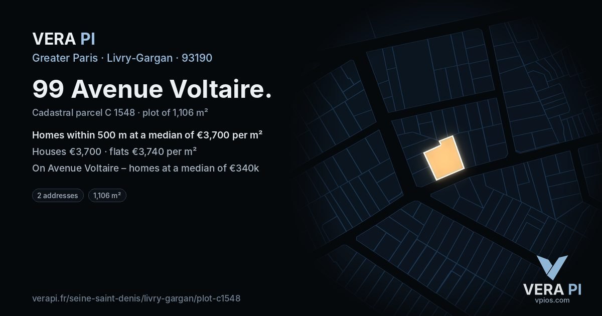 99 Avenue Voltaire, Livry-Gargan at night – the plot lit, the parcels around coloured by the prices near them