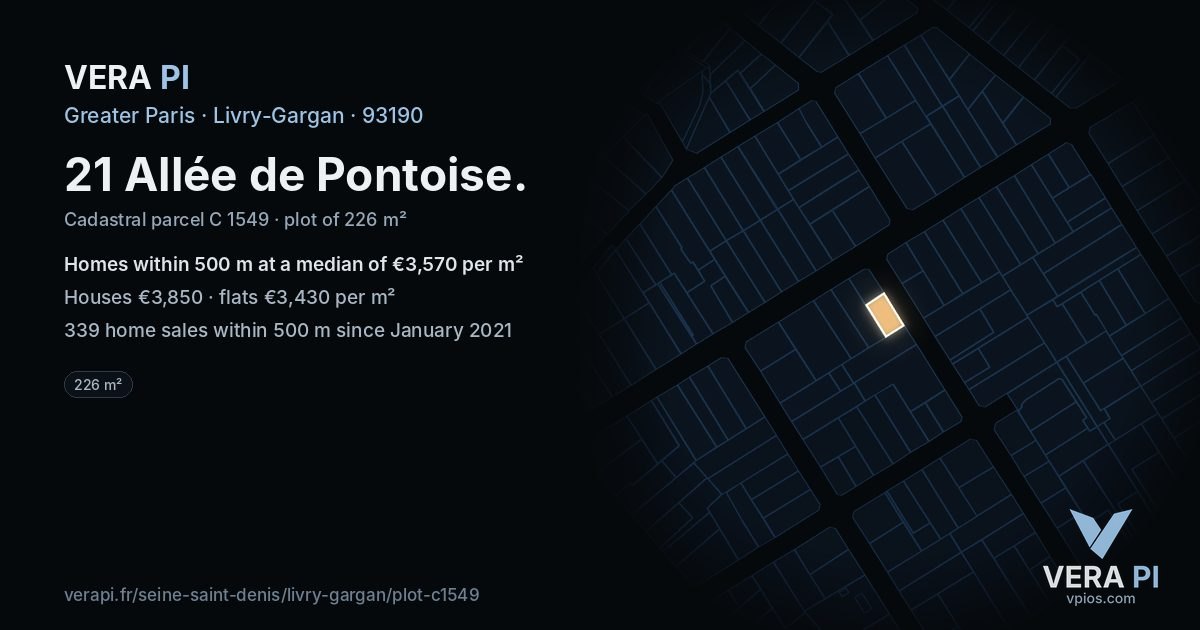 21 Allée de Pontoise, Livry-Gargan at night – the plot lit, the parcels around coloured by the prices near them