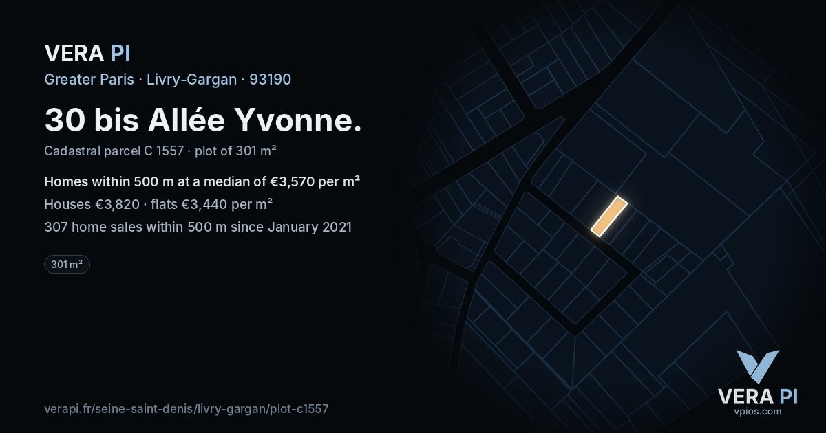 30 bis Allée Yvonne, Livry-Gargan at night – the plot lit, the parcels around coloured by the prices near them