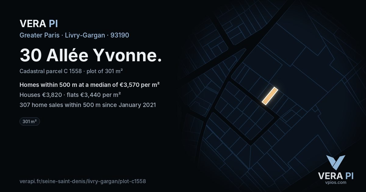 30 Allée Yvonne, Livry-Gargan at night – the plot lit, the parcels around coloured by the prices near them