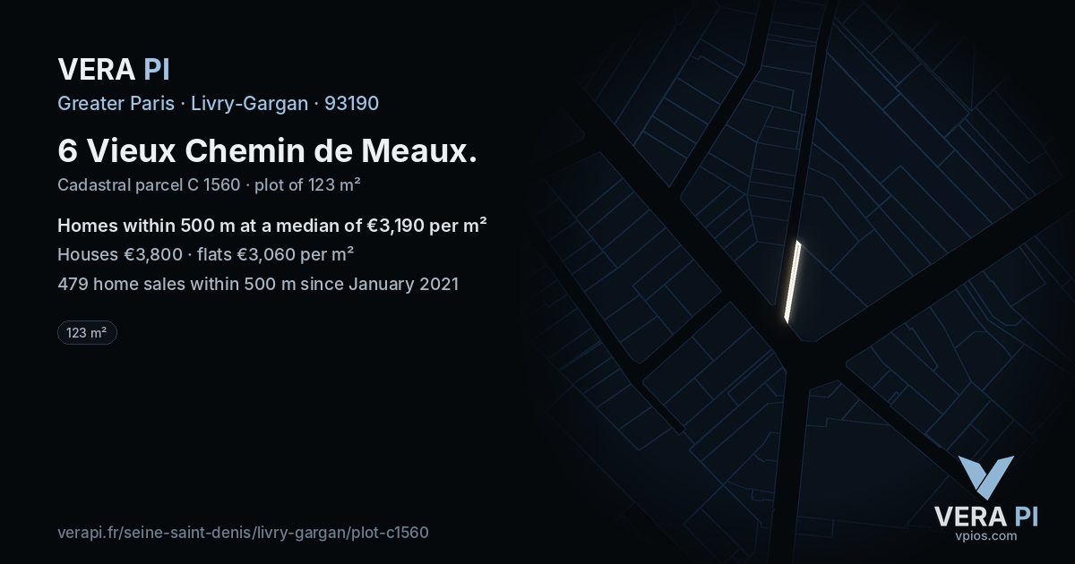 6 Vieux Chemin de Meaux, Livry-Gargan at night – the plot lit, the parcels around coloured by the prices near them