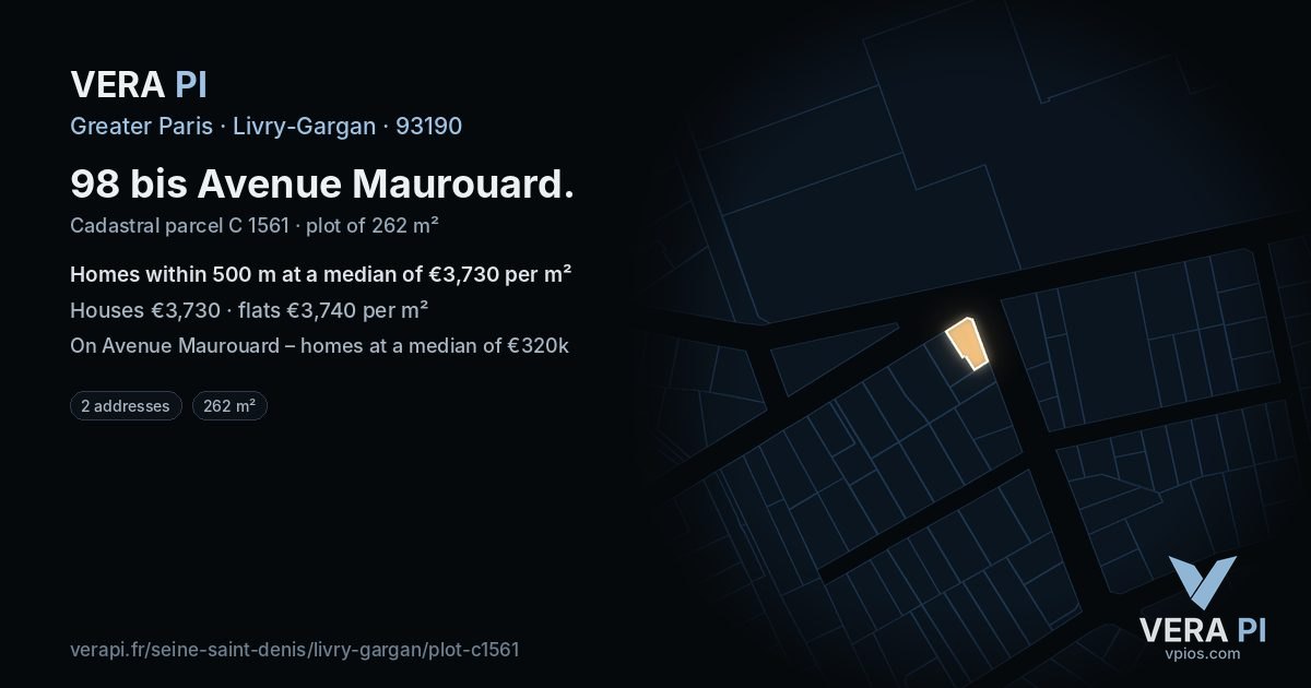 98 bis Avenue Maurouard, Livry-Gargan at night – the plot lit, the parcels around coloured by the prices near them