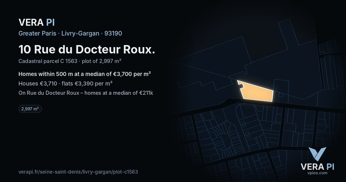 10 Rue du Docteur Roux, Livry-Gargan at night – the plot lit, the parcels around coloured by the prices near them