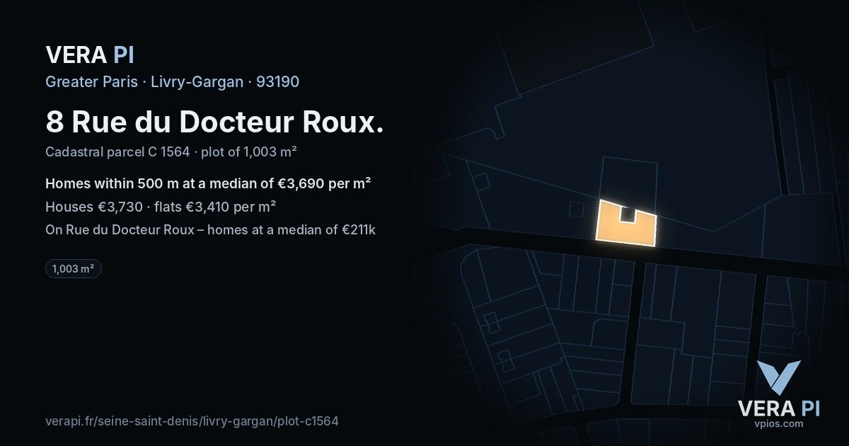 8 Rue du Docteur Roux, Livry-Gargan at night – the plot lit, the parcels around coloured by the prices near them