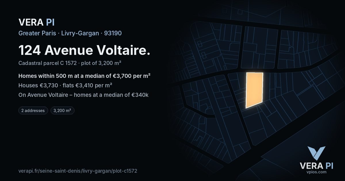 124 Avenue Voltaire, Livry-Gargan at night – the plot lit, the parcels around coloured by the prices near them