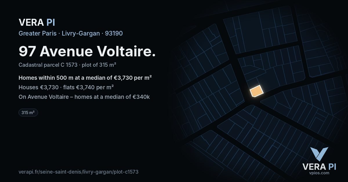 97 Avenue Voltaire, Livry-Gargan at night – the plot lit, the parcels around coloured by the prices near them