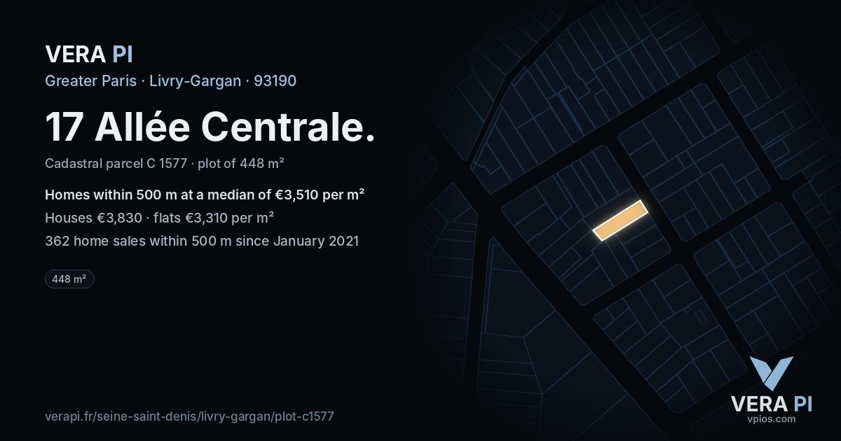 17 Allée Centrale, Livry-Gargan at night – the plot lit, the parcels around coloured by the prices near them