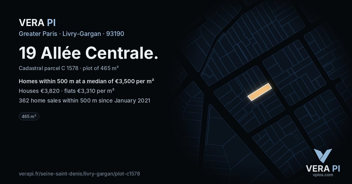 19 Allée Centrale, Livry-Gargan at night – the plot lit, the parcels around coloured by the prices near them