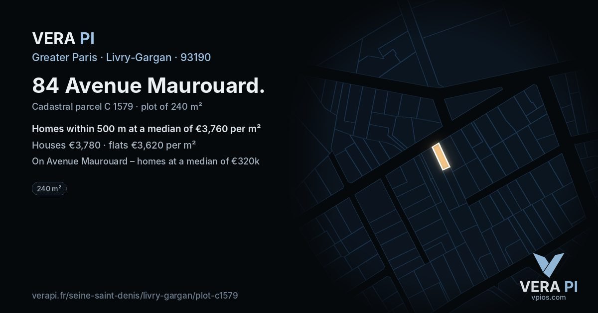 84 Avenue Maurouard, Livry-Gargan at night – the plot lit, the parcels around coloured by the prices near them