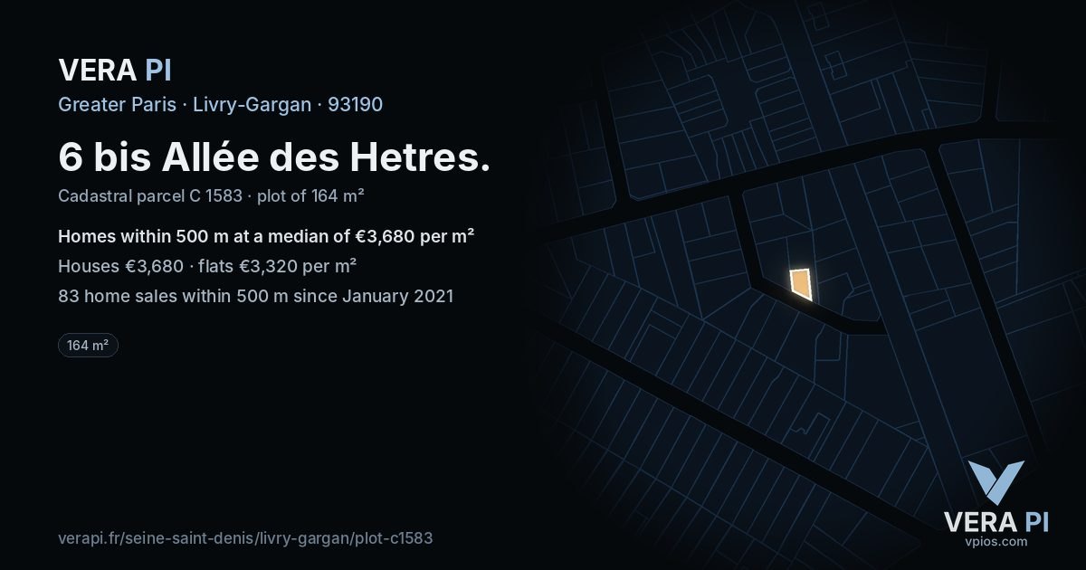 6 bis Allée des Hetres, Livry-Gargan at night – the plot lit, the parcels around coloured by the prices near them