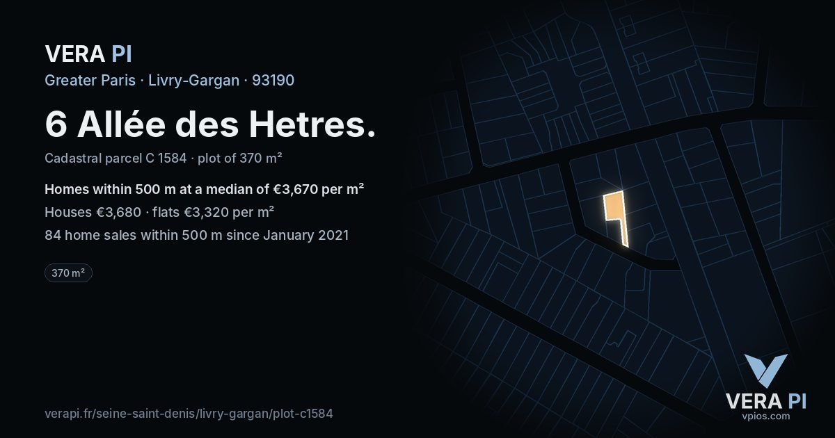 6 Allée des Hetres, Livry-Gargan at night – the plot lit, the parcels around coloured by the prices near them