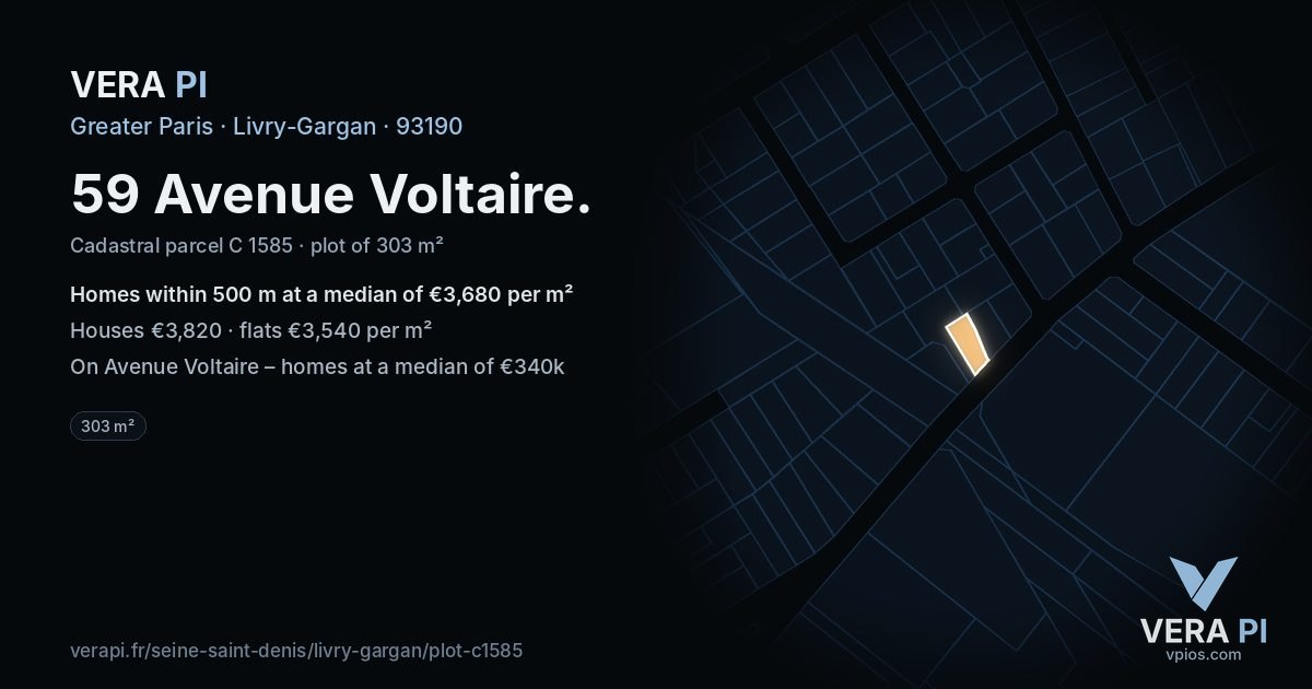 59 Avenue Voltaire, Livry-Gargan at night – the plot lit, the parcels around coloured by the prices near them
