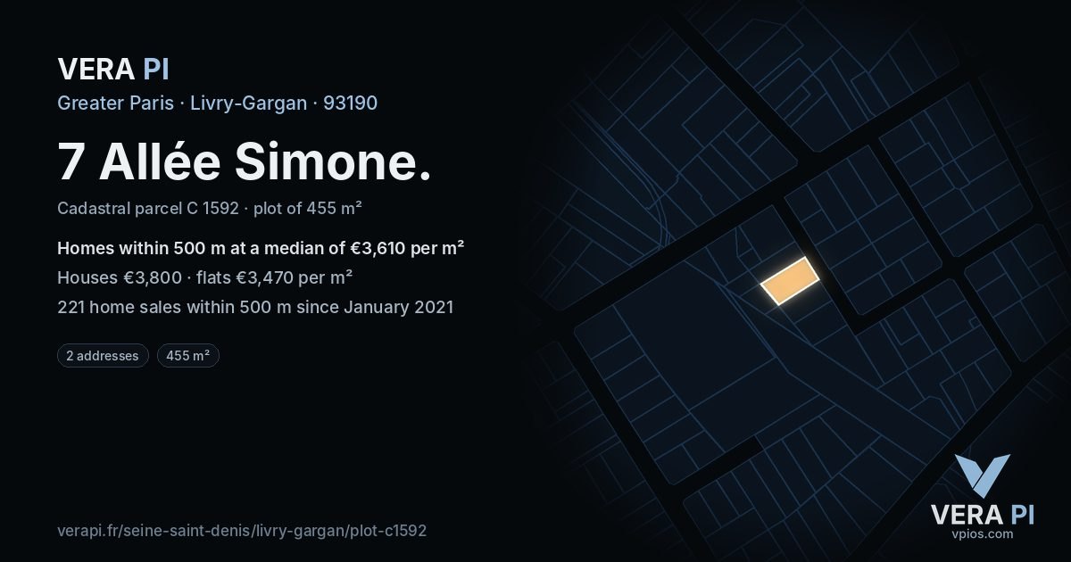 7 Allée Simone, Livry-Gargan at night – the plot lit, the parcels around coloured by the prices near them