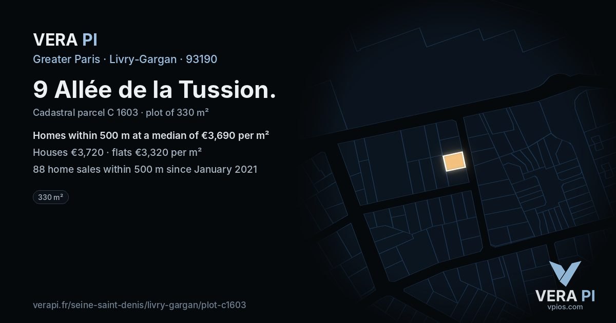 9 Allée de la Tussion, Livry-Gargan at night – the plot lit, the parcels around coloured by the prices near them