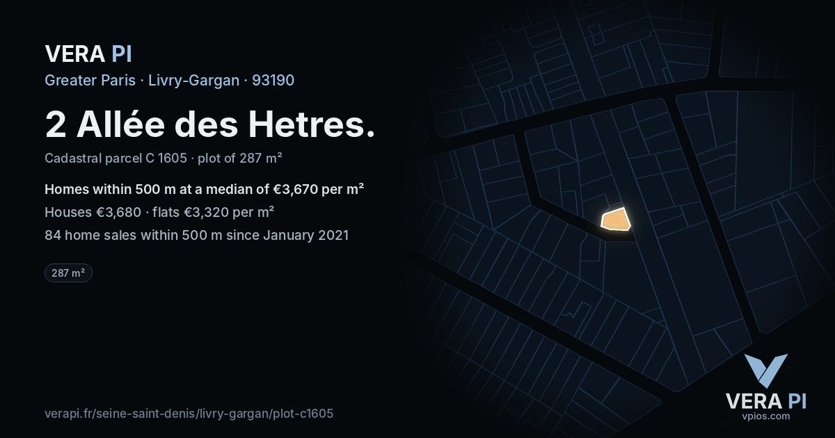 2 Allée des Hetres, Livry-Gargan at night – the plot lit, the parcels around coloured by the prices near them