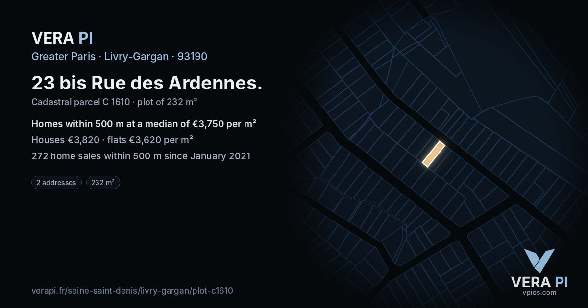 23 bis Rue des Ardennes, Livry-Gargan at night – the plot lit, the parcels around coloured by the prices near them