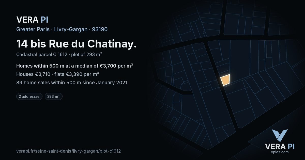 14 bis Rue du Chatinay, Livry-Gargan at night – the plot lit, the parcels around coloured by the prices near them