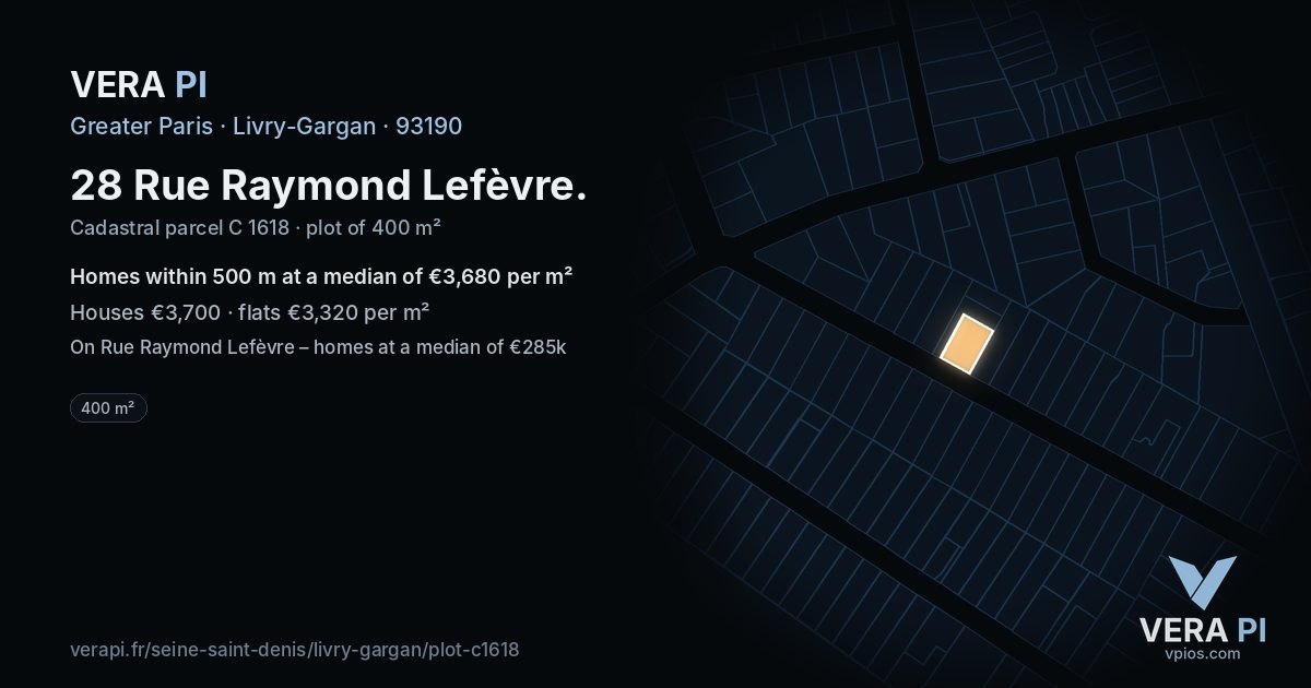 28 Rue Raymond Lefèvre, Livry-Gargan at night – the plot lit, the parcels around coloured by the prices near them