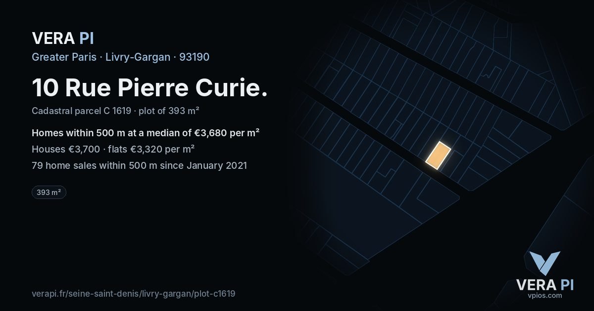 10 Rue Pierre Curie, Livry-Gargan at night – the plot lit, the parcels around coloured by the prices near them