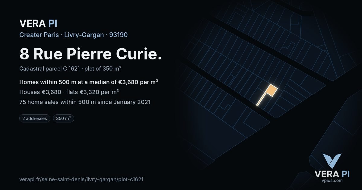 8 Rue Pierre Curie, Livry-Gargan at night – the plot lit, the parcels around coloured by the prices near them