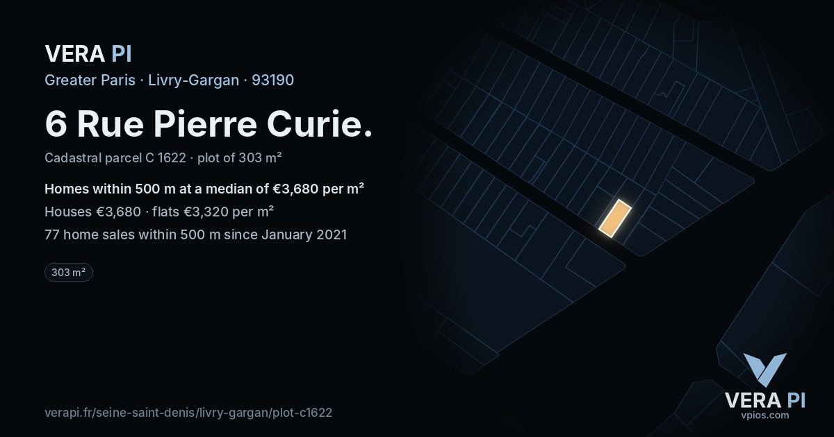 6 Rue Pierre Curie, Livry-Gargan at night – the plot lit, the parcels around coloured by the prices near them
