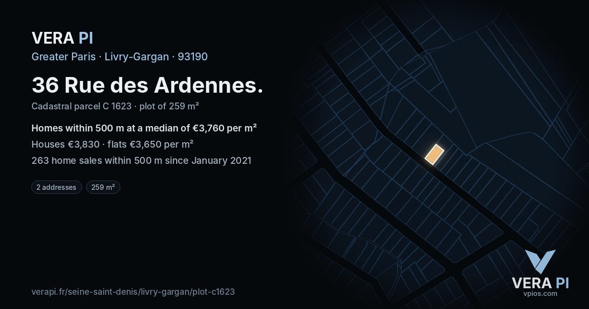 36 Rue des Ardennes, Livry-Gargan at night – the plot lit, the parcels around coloured by the prices near them
