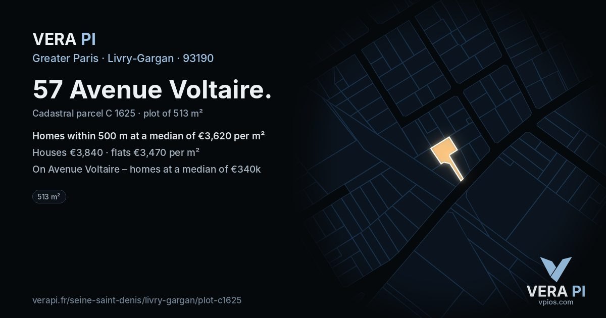 57 Avenue Voltaire, Livry-Gargan at night – the plot lit, the parcels around coloured by the prices near them