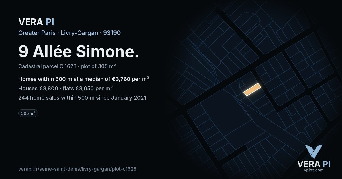 9 Allée Simone, Livry-Gargan at night – the plot lit, the parcels around coloured by the prices near them
