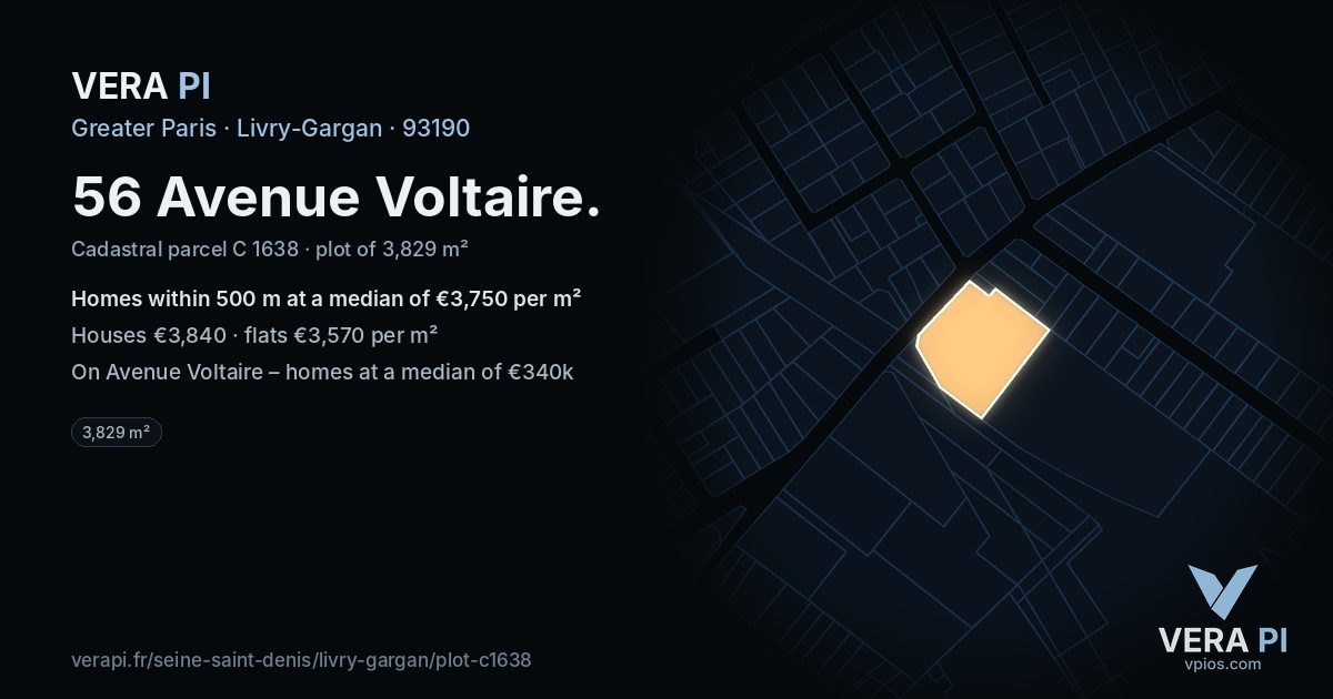 56 Avenue Voltaire, Livry-Gargan at night – the plot lit, the parcels around coloured by the prices near them