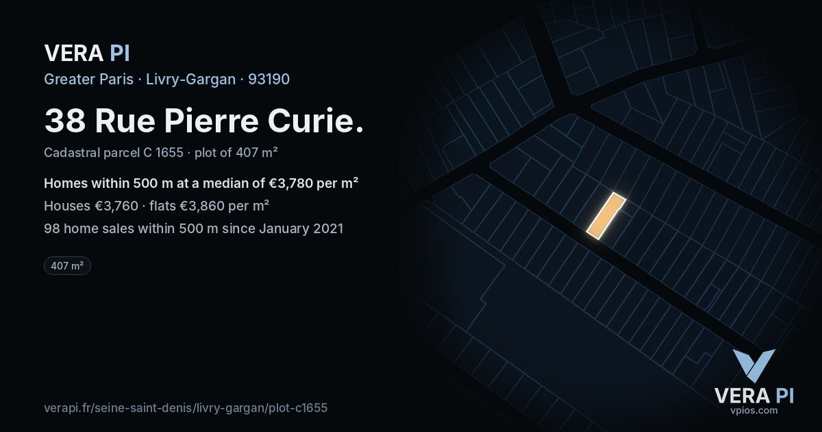 38 Rue Pierre Curie, Livry-Gargan at night – the plot lit, the parcels around coloured by the prices near them