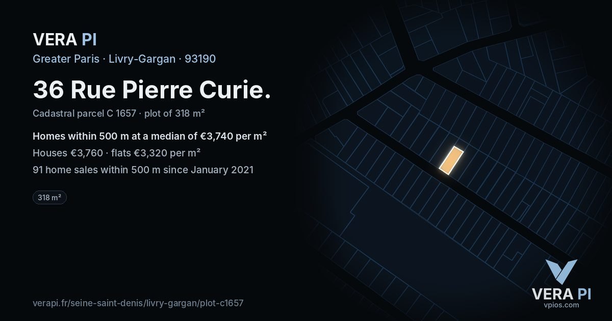 36 Rue Pierre Curie, Livry-Gargan at night – the plot lit, the parcels around coloured by the prices near them