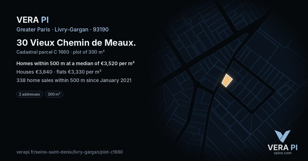 30 Vieux Chemin de Meaux, Livry-Gargan at night – the plot lit, the parcels around coloured by the prices near them