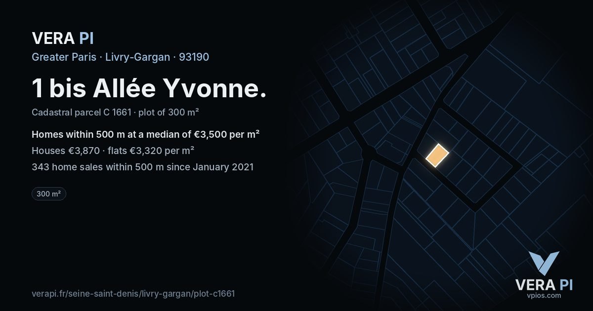 1 bis Allée Yvonne, Livry-Gargan at night – the plot lit, the parcels around coloured by the prices near them