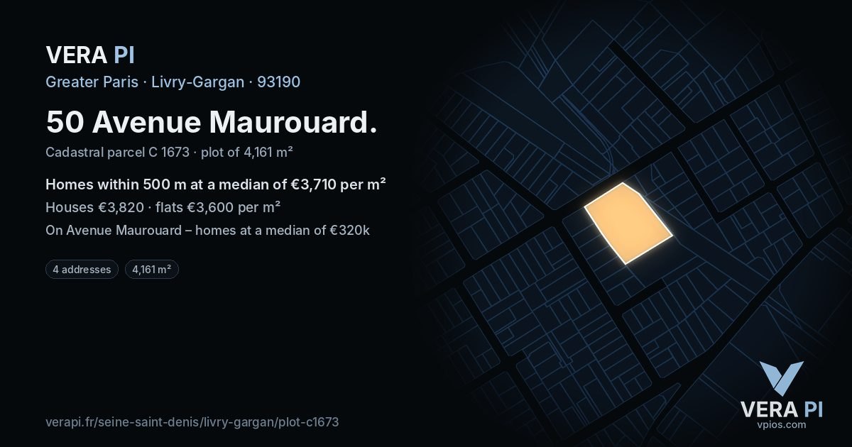 50 Avenue Maurouard, Livry-Gargan at night – the plot lit, the parcels around coloured by the prices near them