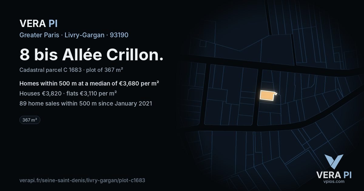 8 bis Allée Crillon, Livry-Gargan at night – the plot lit, the parcels around coloured by the prices near them