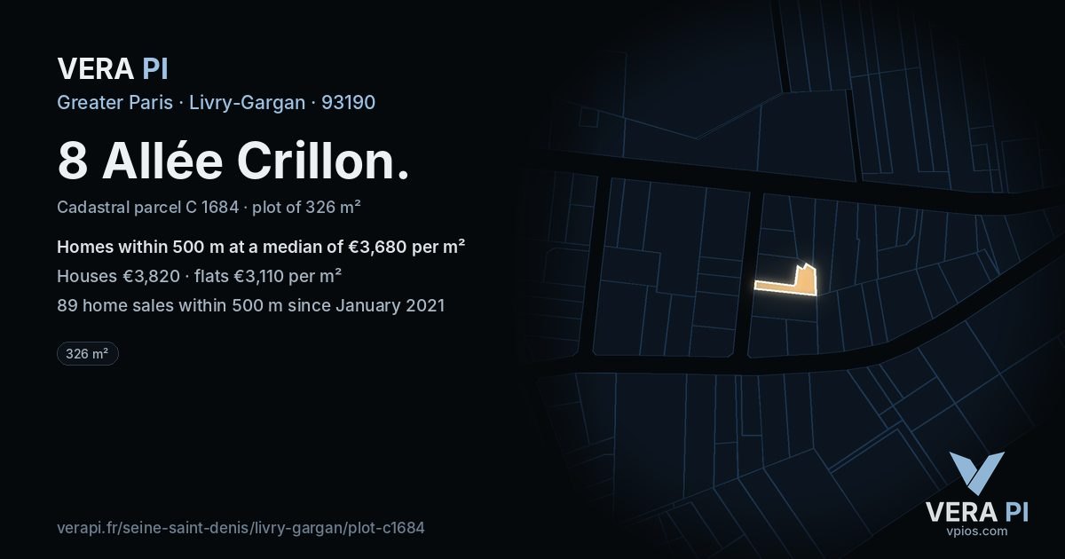 8 Allée Crillon, Livry-Gargan at night – the plot lit, the parcels around coloured by the prices near them