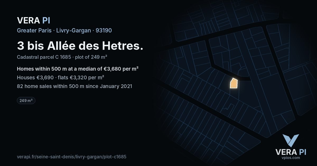 3 bis Allée des Hetres, Livry-Gargan at night – the plot lit, the parcels around coloured by the prices near them