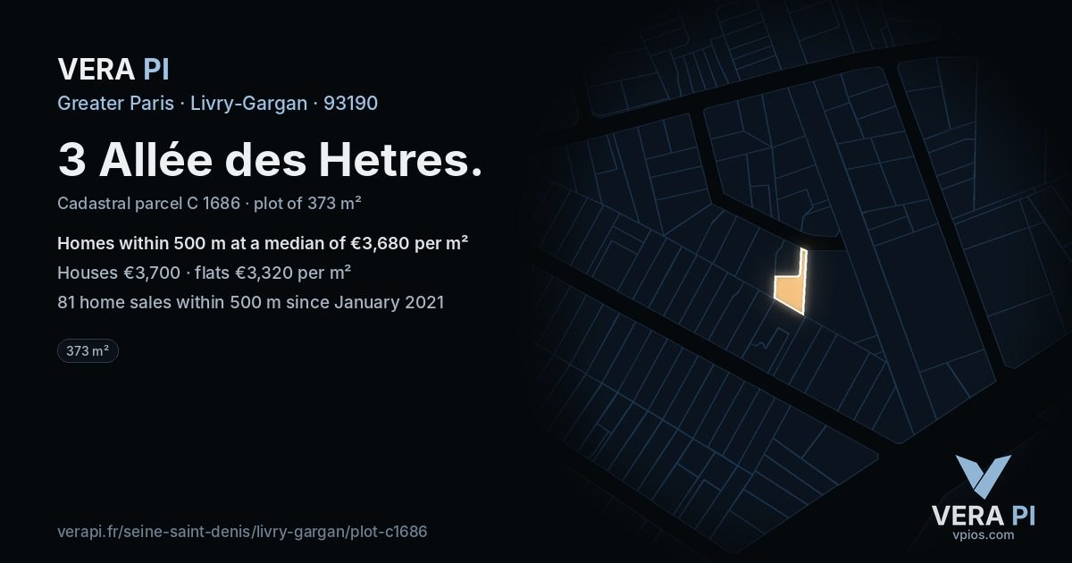 3 Allée des Hetres, Livry-Gargan at night – the plot lit, the parcels around coloured by the prices near them